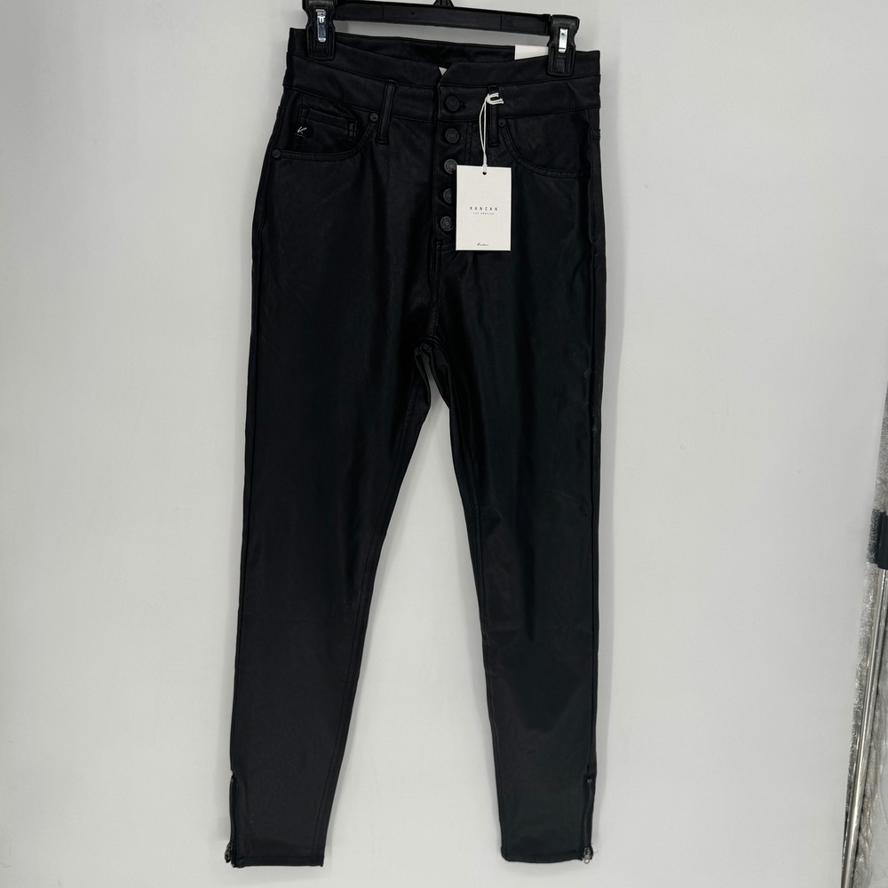 KanCan  High Rise Ankle Skinny Faux Leather Black Button Fly Pants Size 7/27 New